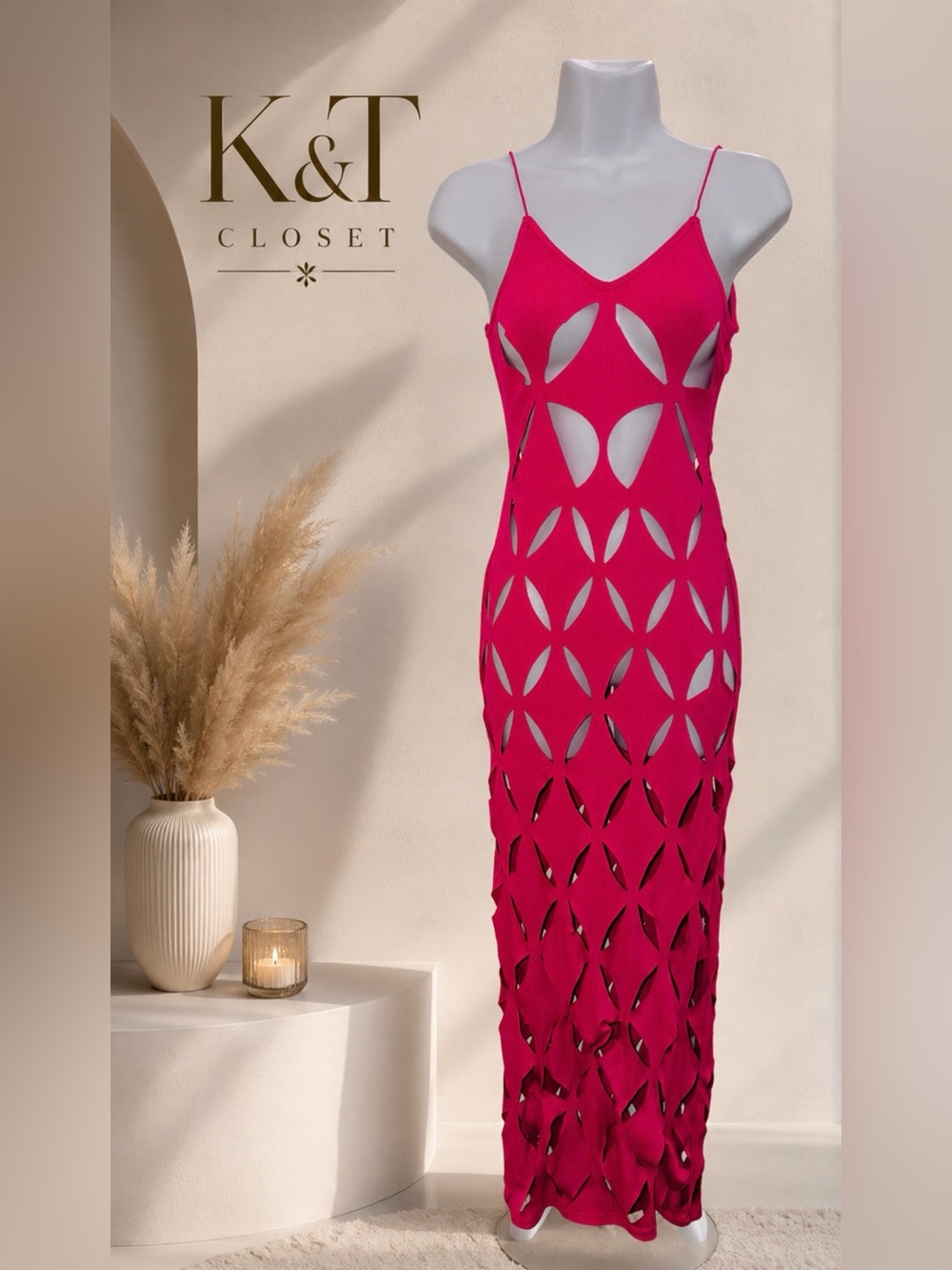Hot Pink Cutout Maxi Dress - Women's Stylish Evening Dress